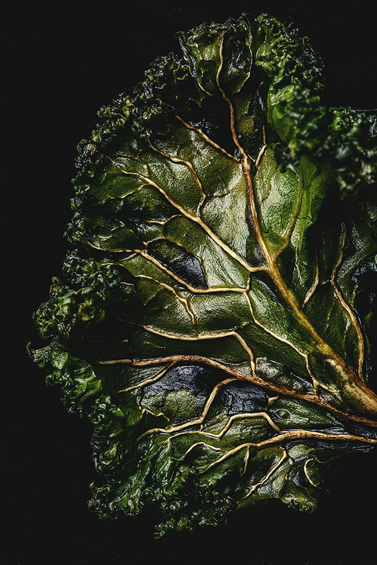 Food Portraiture – Simon Détraz : “Een krokant gebakken boerenkoolblad, eenvoudig maar krachtig gefotografeerd.”