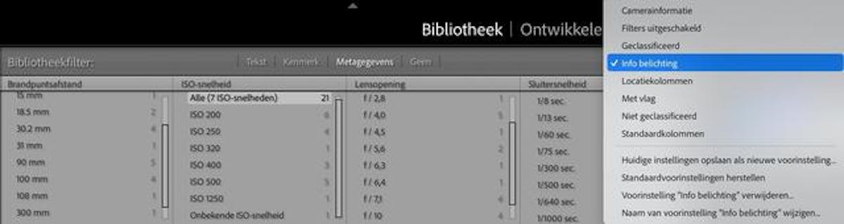 Je kunt het Bibliotheekfilter in Lightroom gebruiken om foto’s te filteren op technische informatie.