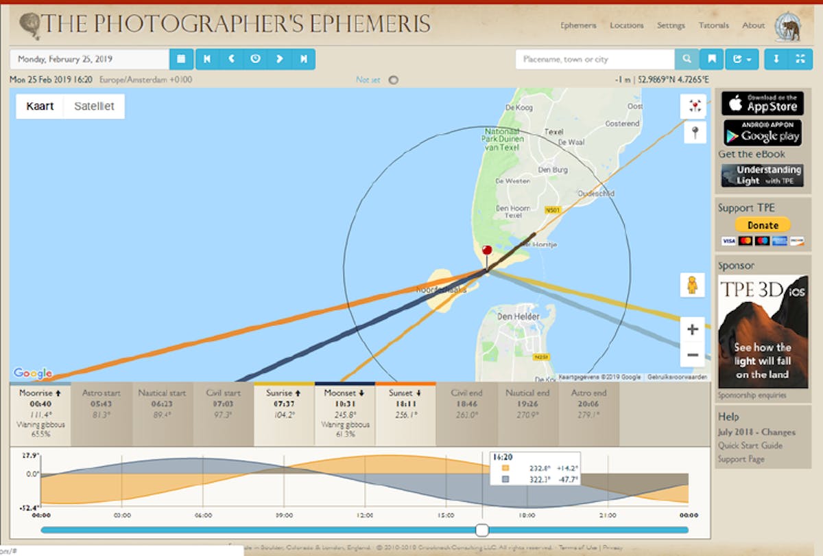 De webapp van Photographer’s Ephemeris is gratis te gebruiken en laat zien waar de zon en maan staan, waar de schaduw valt en hoe lang die is.