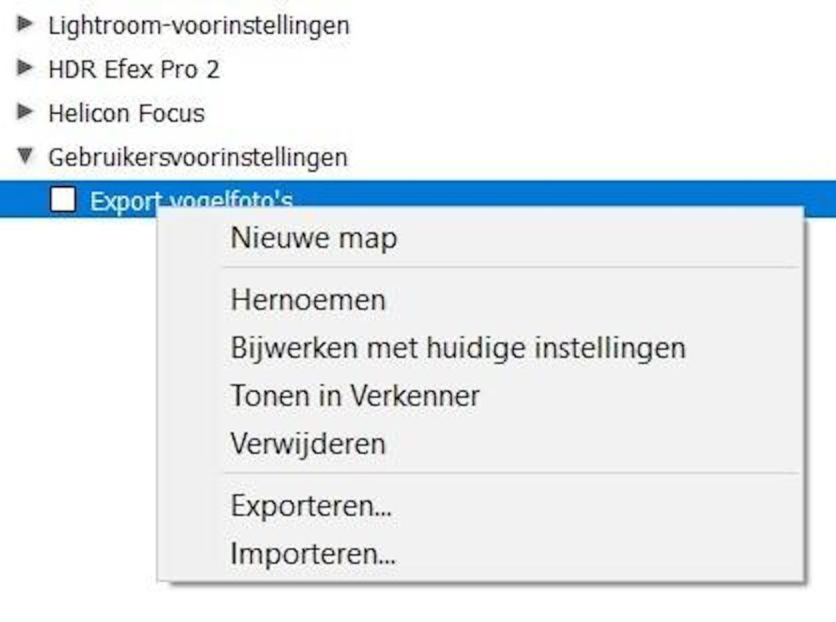 Gebruikersvoorinstellingen kun je eenvoudig hernoemen, verwijderen enzovoort.