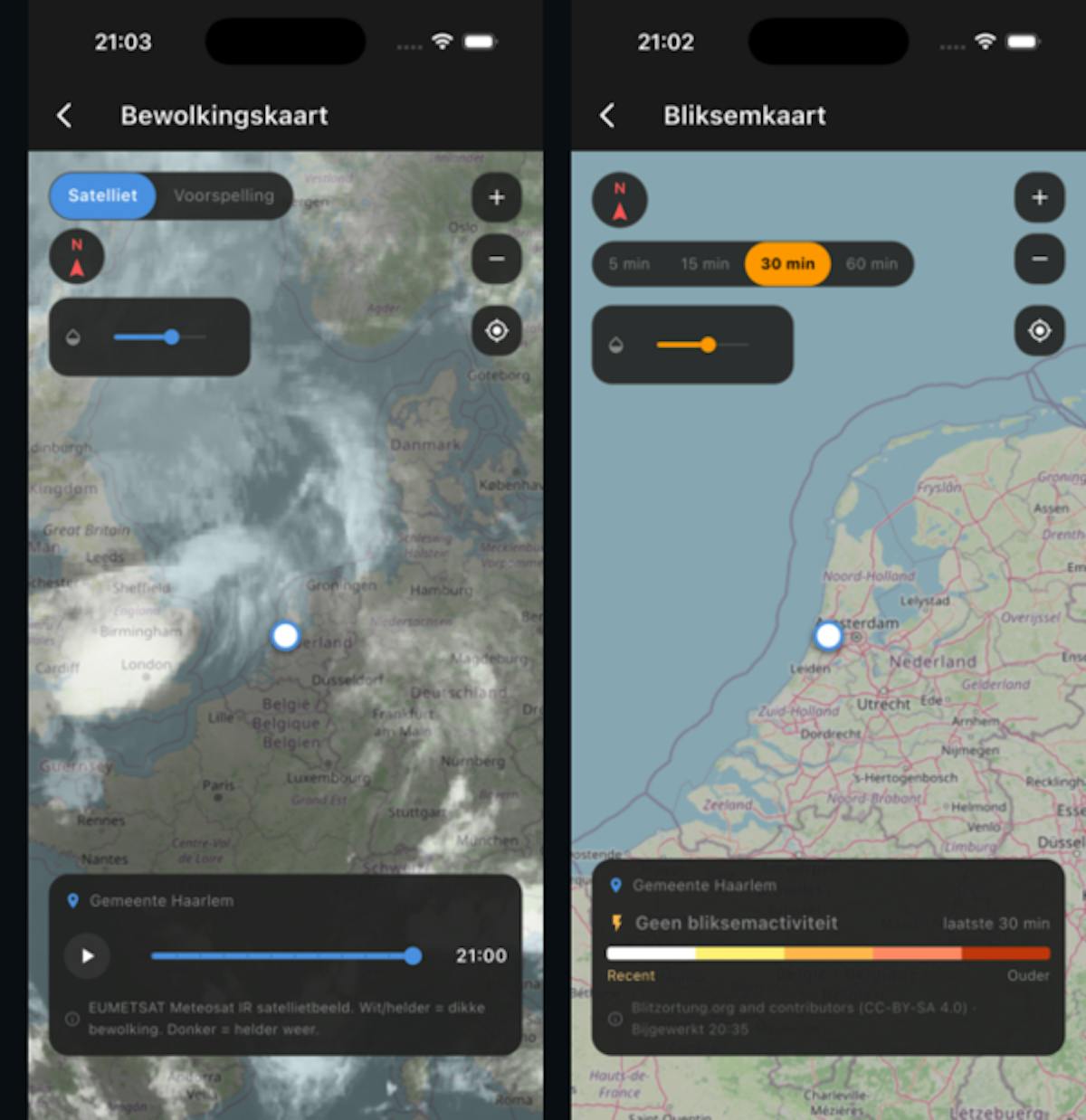 Live kaarten: de bewolking via satelliet en de actuele bliksem- en regenradar.