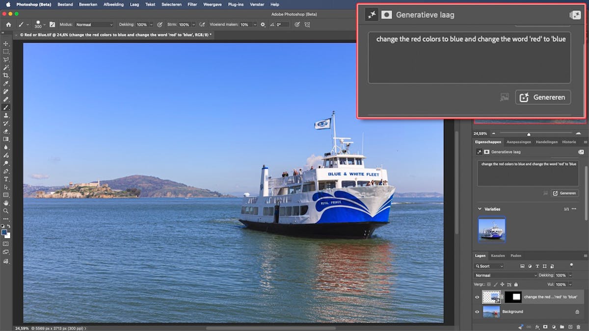Met Firefly Image 5 als AI-model kun je de opdracht geven om de kleur van de boot te veranderen in blauw en de tekst dienovereenkomstig aan te passen.