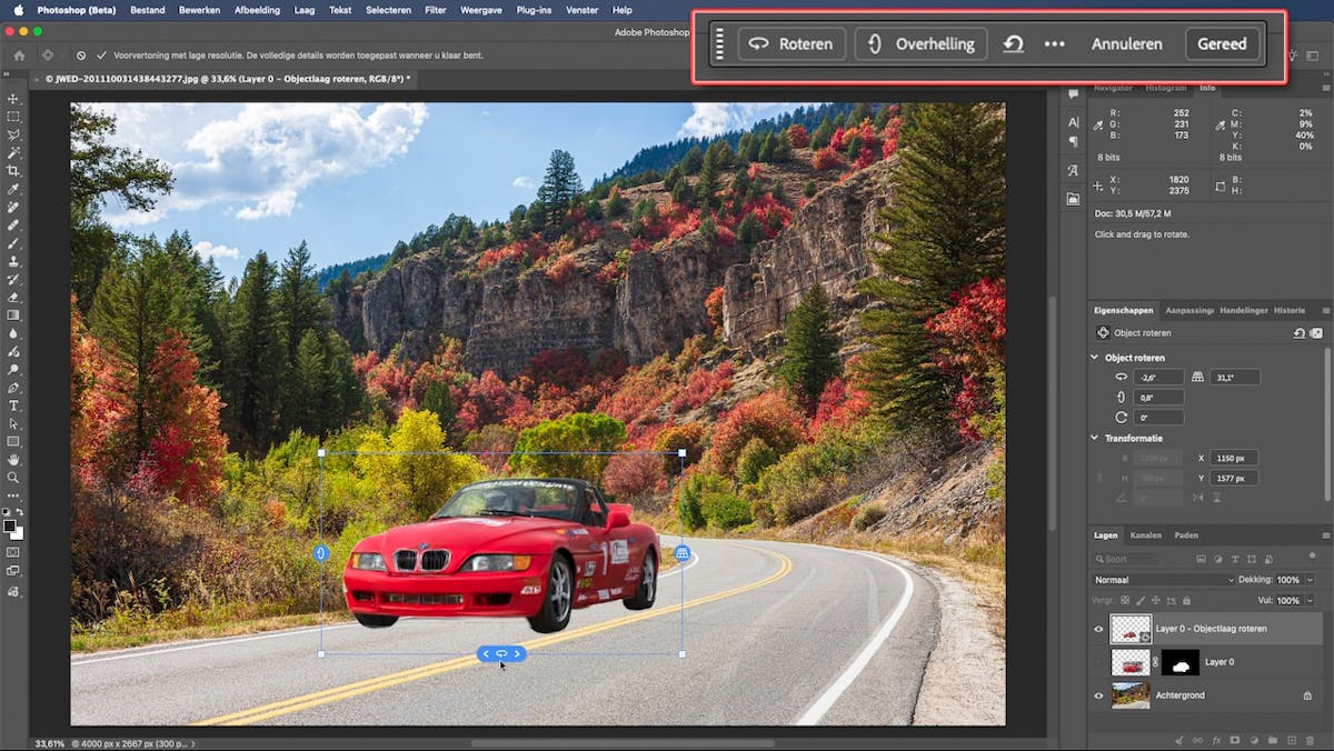 Photoshop maakt van een 2D-beeld een 3D-versie, die je vervolgens alle kanten op kunt draaien en van grootte kunt veranderen. Zo kun je het object perfect op de achtergrond monteren.