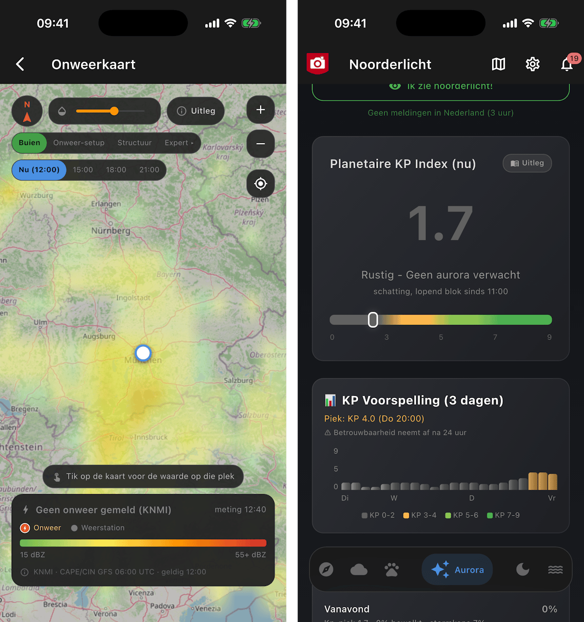 Links de vernieuwde onweerkaart met de buienverwachting boven de Alpen, rechts de vooruitblik van drie nachten op de Aurora-tab.