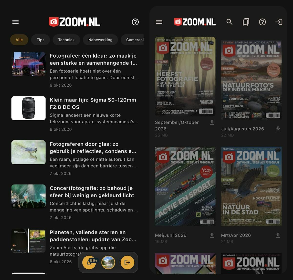 Nieuws per rubriek, en de digitale magazines voor abonnees.