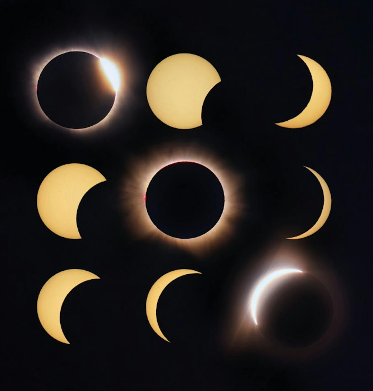 De fasen van de eclips in close-up, van gedeeltelijk tot totaal. Foto: Max Terwindt
