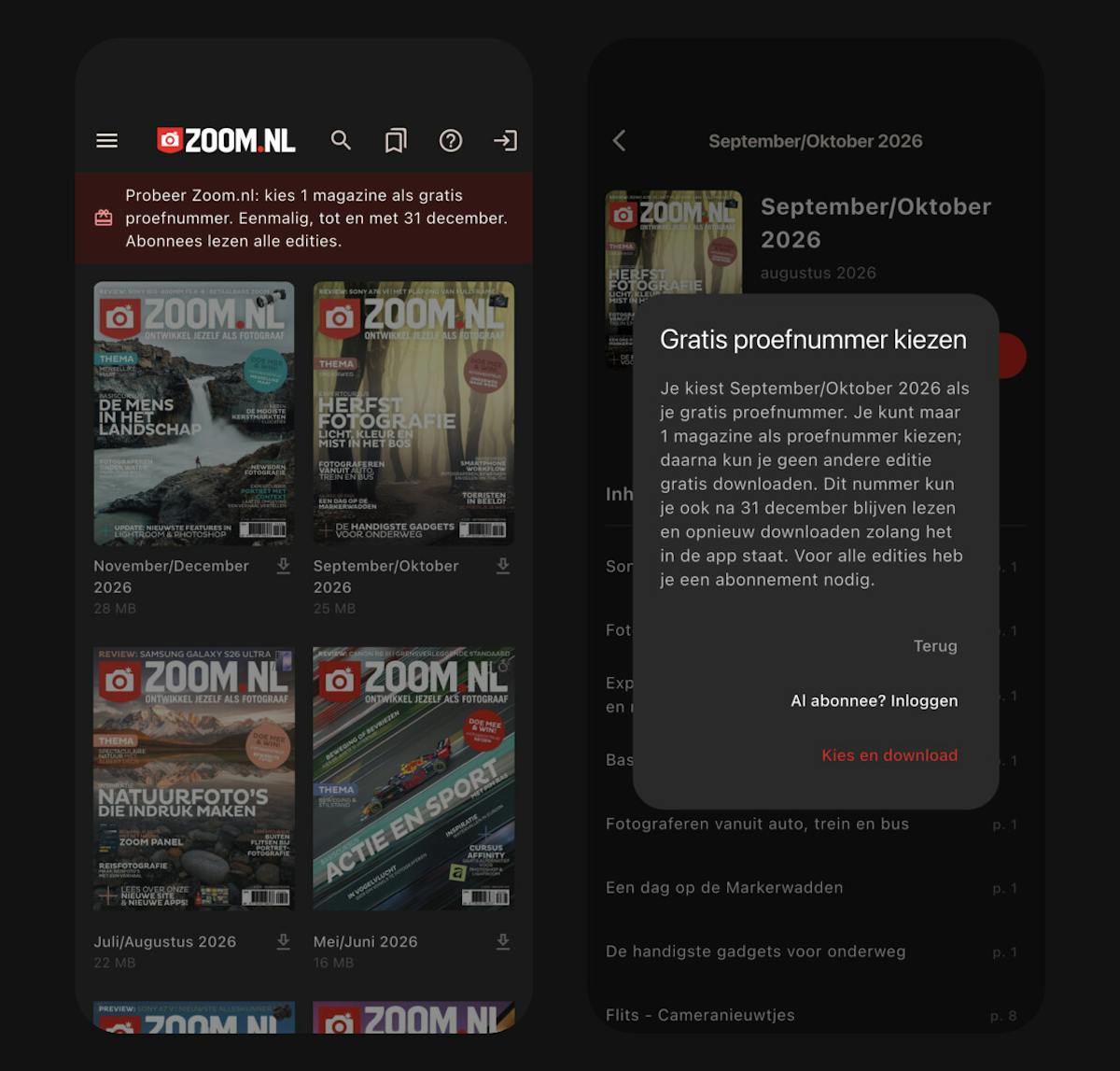 Kies één magazine als gratis proefnummer, zonder in te loggen.